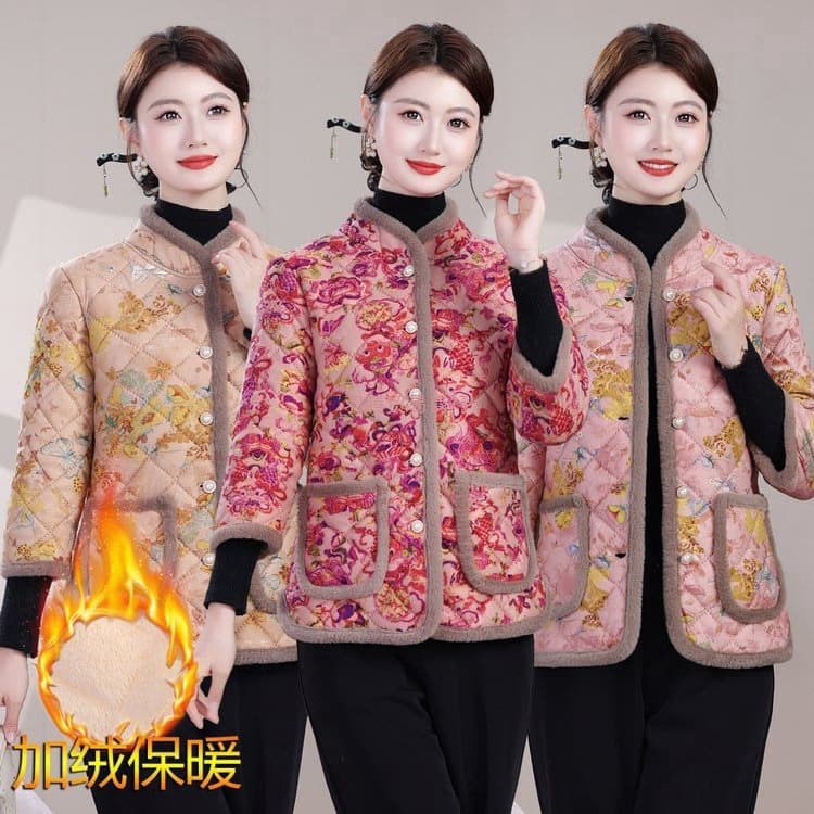 Mom's Autumn/Winter Clothing Fleece-Lined Vest, Middle-Aged and Elderly Women's Thick Three-Quarter Sleeve Cotton Jacket, Warm Cotton Vest