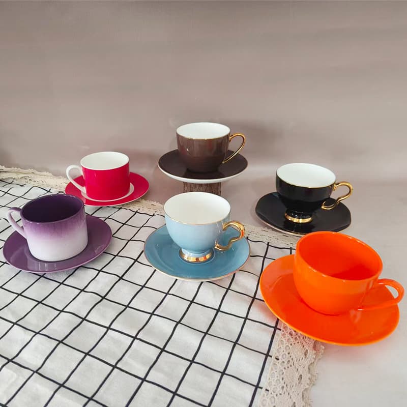 Colored glaze ceramic cup and saucer European style floral tea cup set office afternoon tea cup gold handle bone china coffee cup and saucer