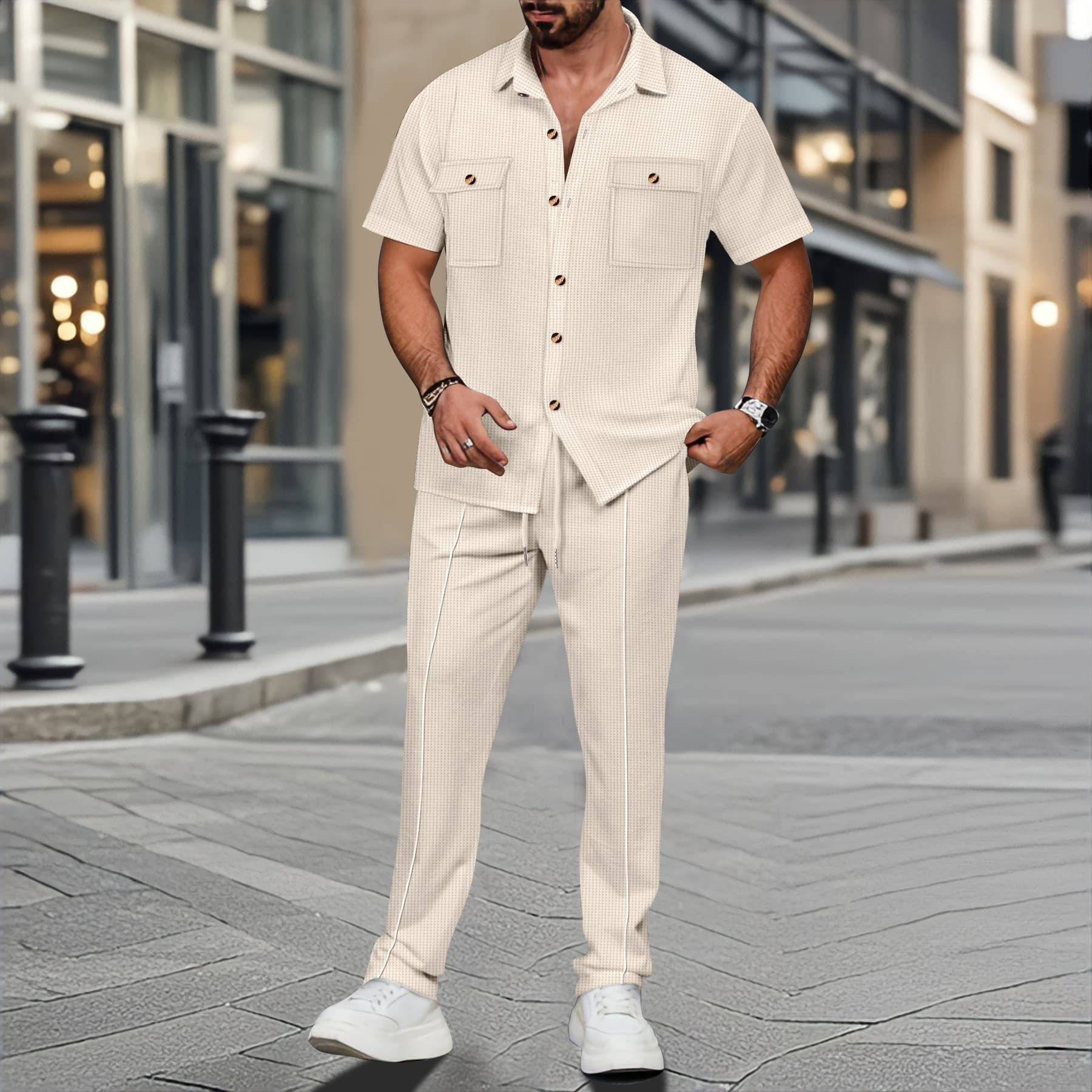 2025 Cross-Border Men's European and American Independent Website Summer New Solid Color Button Pocket Shirt Short Sleeve Pants Two-Piece Set