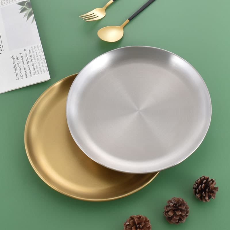Stainless Steel Round BBQ Plate Gold Tray Western Dinner Plate Fruit Plate Dish Shallow Dessert Plate Bone Plate Korean Style Tableware
