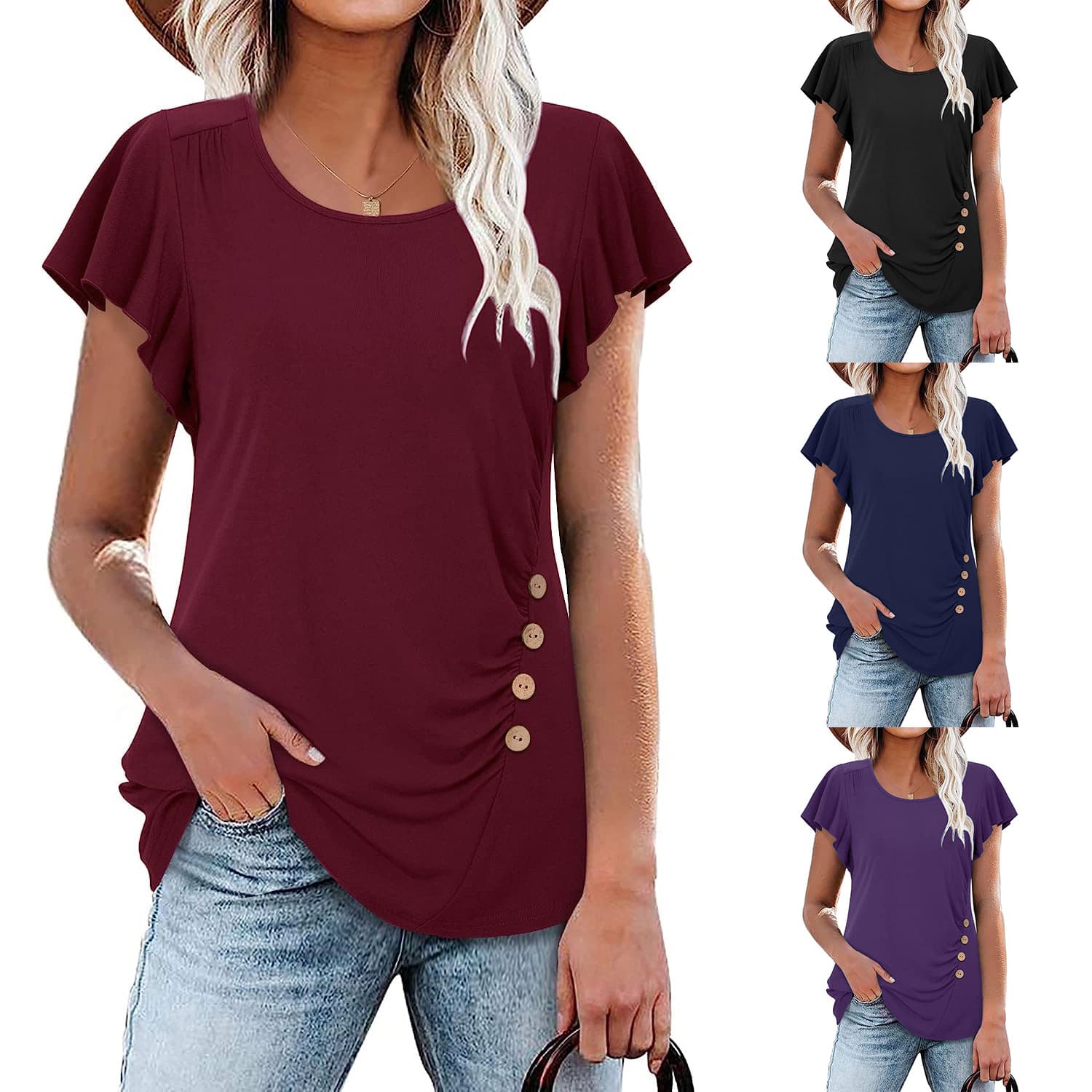 2023 European and American Women's Solid Color Pleated Short Sleeve Top Summer Casual Round Neck Button Waist T-Shirt