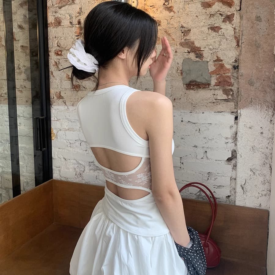 EMPTY PAGE Black/White/Gray Summer Round Neck Lace Patch Backless Racerback Vest Slim Fit