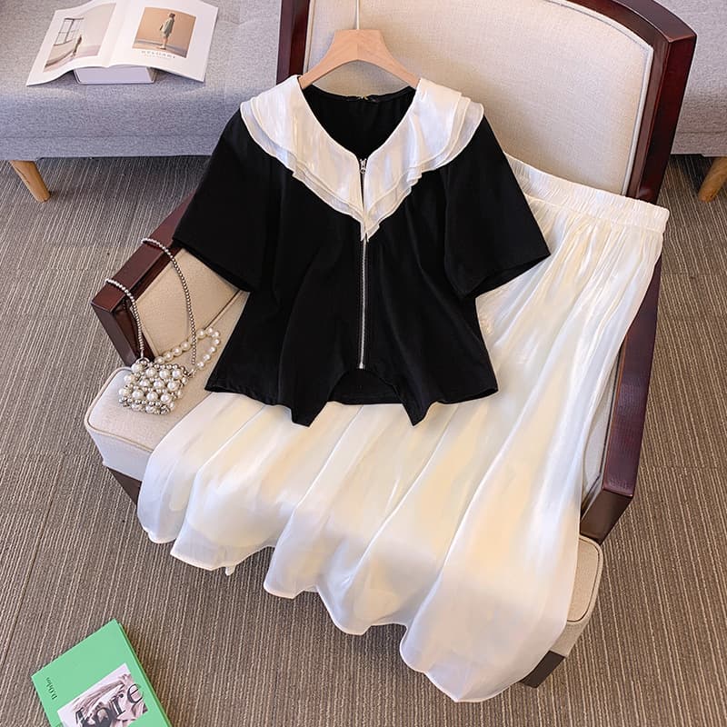 Plus Size Women's French Elegant Short Sleeve Ruffle T-Shirt and A-Line Skirt Two-Piece Set (300 lbs)