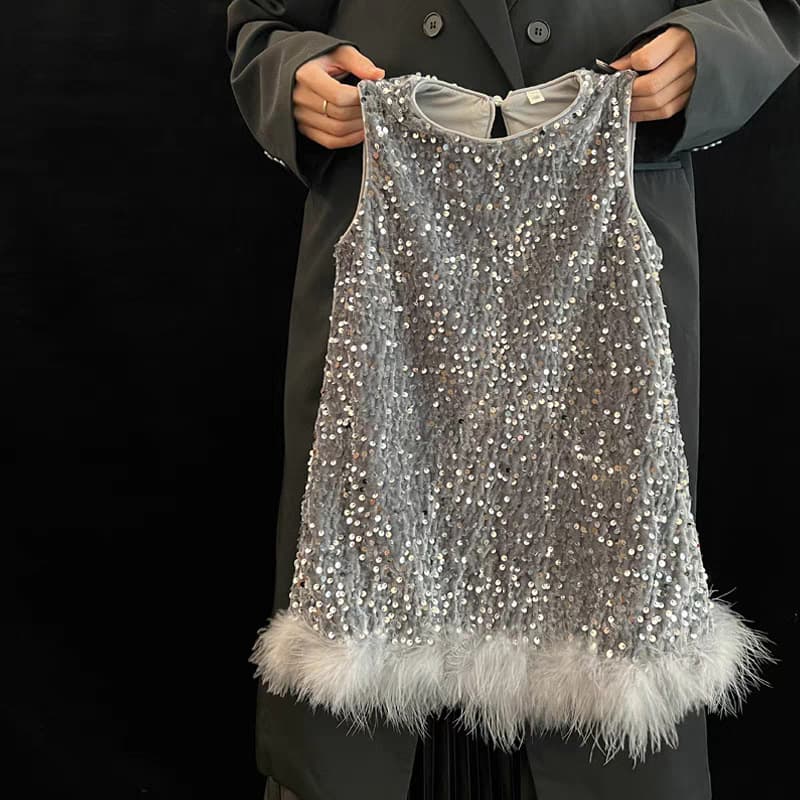 Pink House Kids New Girl's Dress Children Premium Glitter Feather Vest Dress Princess Dress