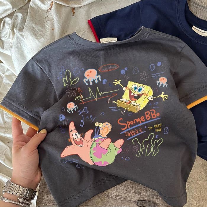 SpongeBob Patrick American Anime Pure Cotton Short Sleeve T-Shirt for Men and Women Summer Trendy Loose Drop Shoulder Half Sleeve Top