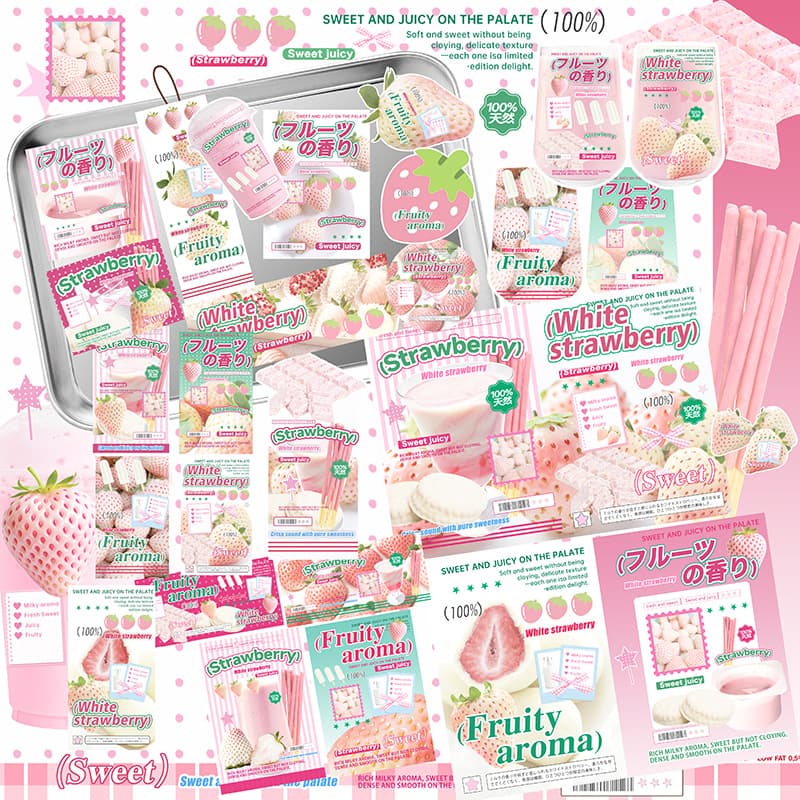 Original White Strawberry Value-Packed Ins-Style Laminated Material Sealing Paper Pack Folding Pages Journal Decoration Packaging Set Stickers