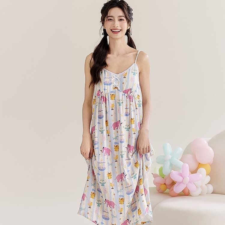 Summer Thin Cotton Camisole Nightgown with Built-in Bra, Sweet and Cute V-Neck One-Strap Sleep Dress, Loungewear
