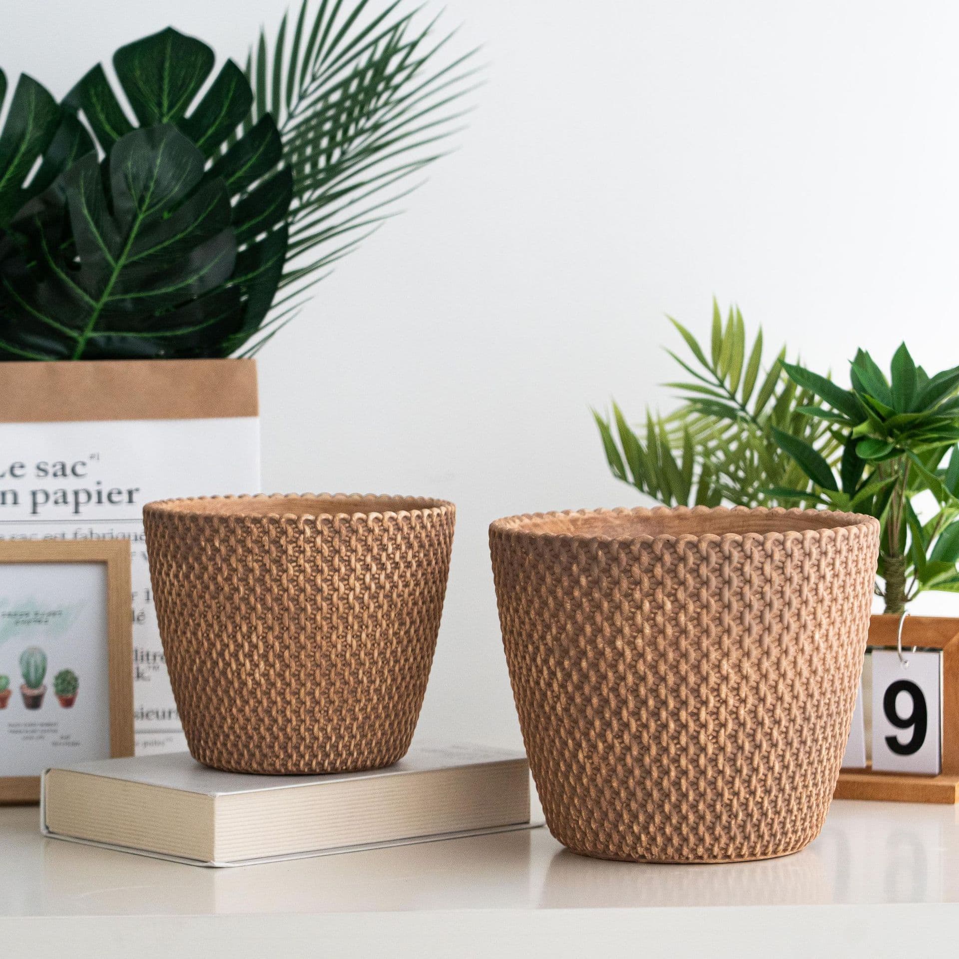 Vintage Rattan-Weave Style Large Floor Flower Pot, Green Plant Potted Plant, Outdoor Gardening Planter, Balcony Living Room Home Decoration