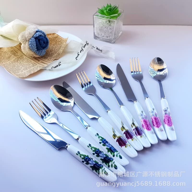 Factory direct sales stainless steel tableware Western food knives, forks and spoons with ceramic handles, flower forks and spoons, hotel steak knives, forks and spoons