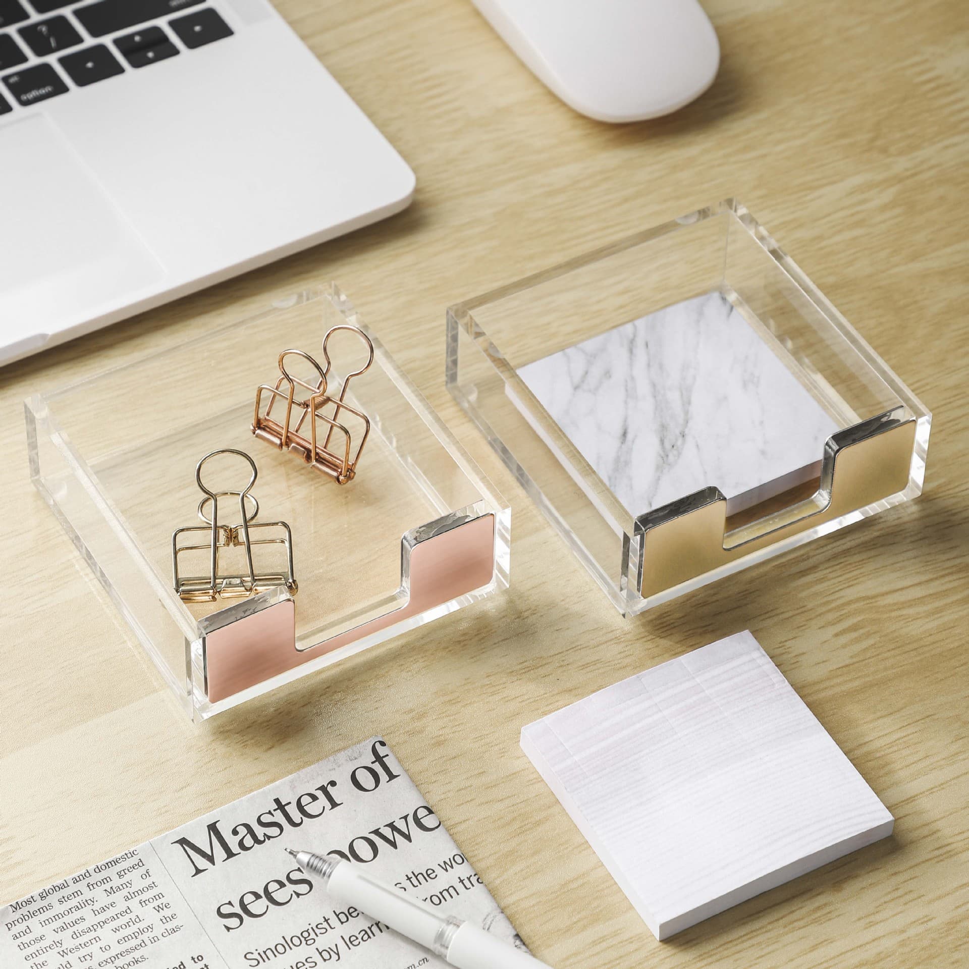 Mingqiang handmade transparent acrylic rose gold large sticky note box, student and office desktop organization supplies