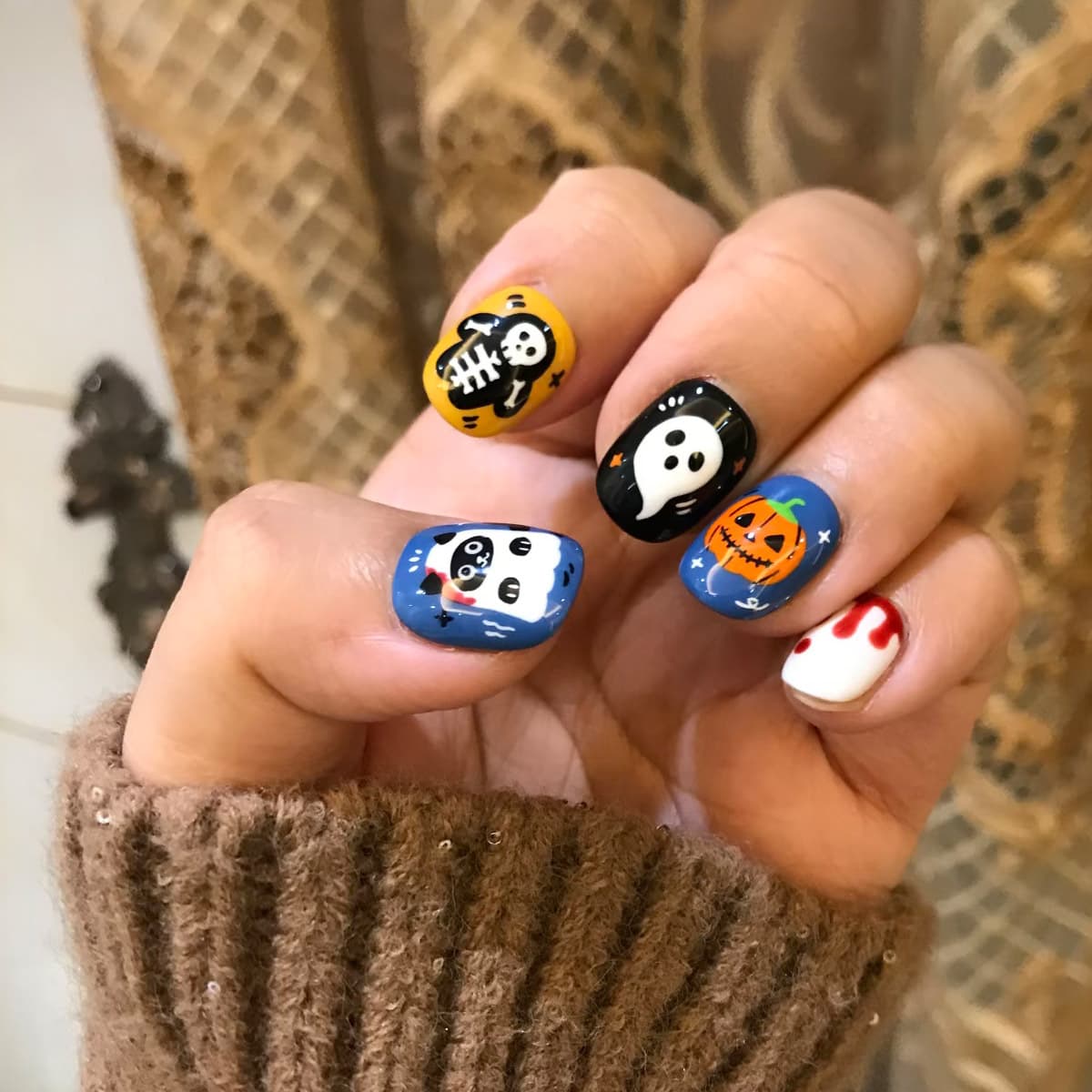 Halloween Cartoon Wearable Nails Skeleton Ghost Pumpkin Hand Painted Short Square Nails Cute Funny Removable False Nails