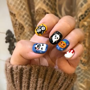 Halloween Cartoon Wearable Nails Skeleton Ghost Pumpkin Hand Painted Short Square Nails Cute Funny Removable False Nails