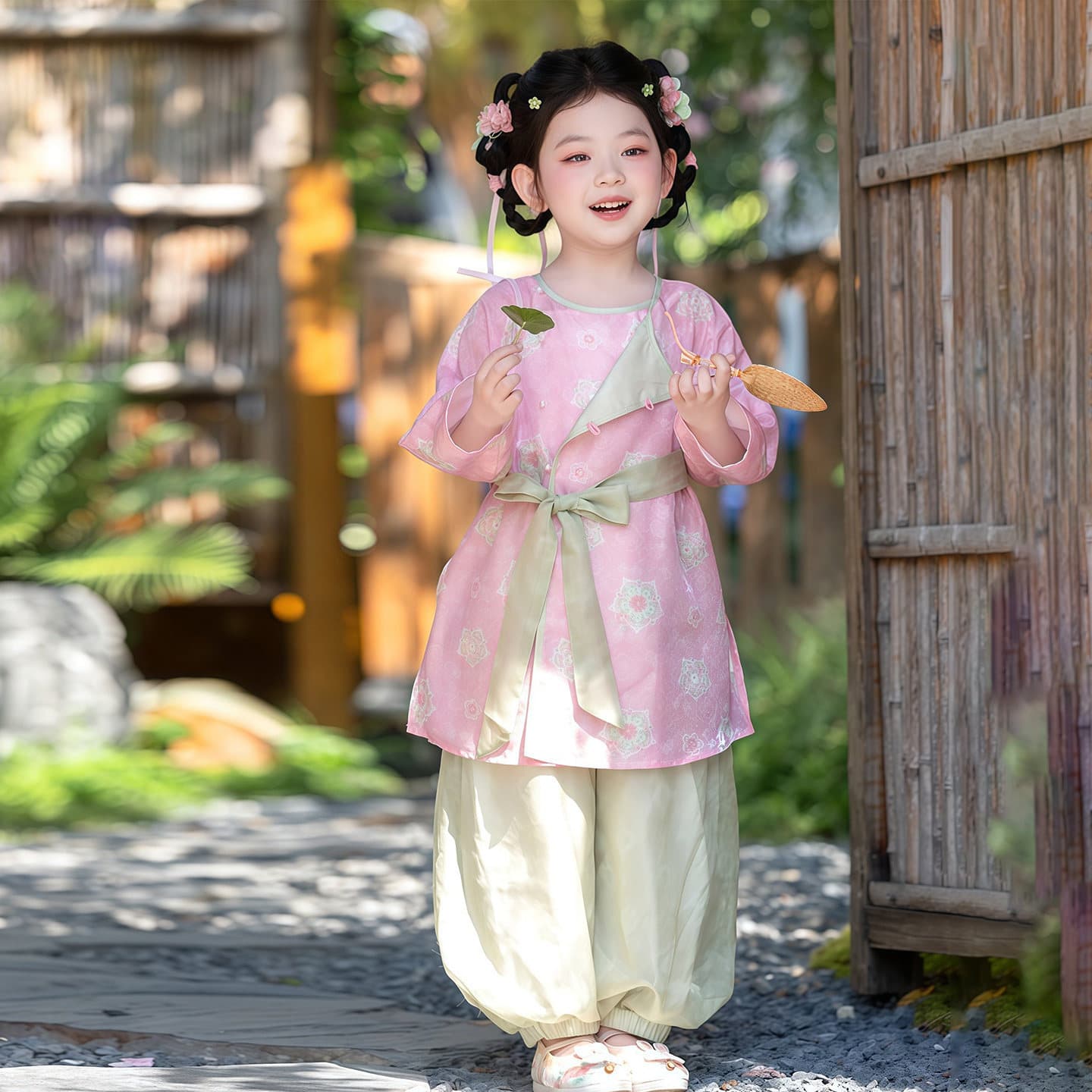 Girls' Hanfu New Chinese Style Improved Set, Little Girl Chinese-style Round Collar Robe with Song Dynasty Pants, Tang Suit Ancient Costume Spring Edition