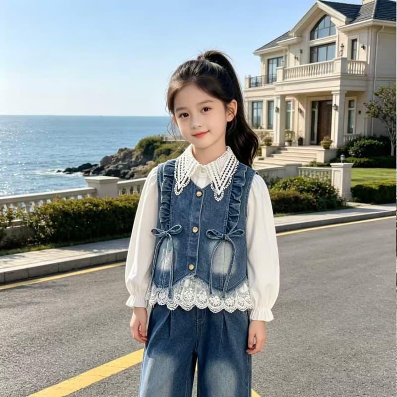 Girls Trendy Denim 3-Piece Set Ages 1-5 New Princess Vest Shirt Jeans Outfit
