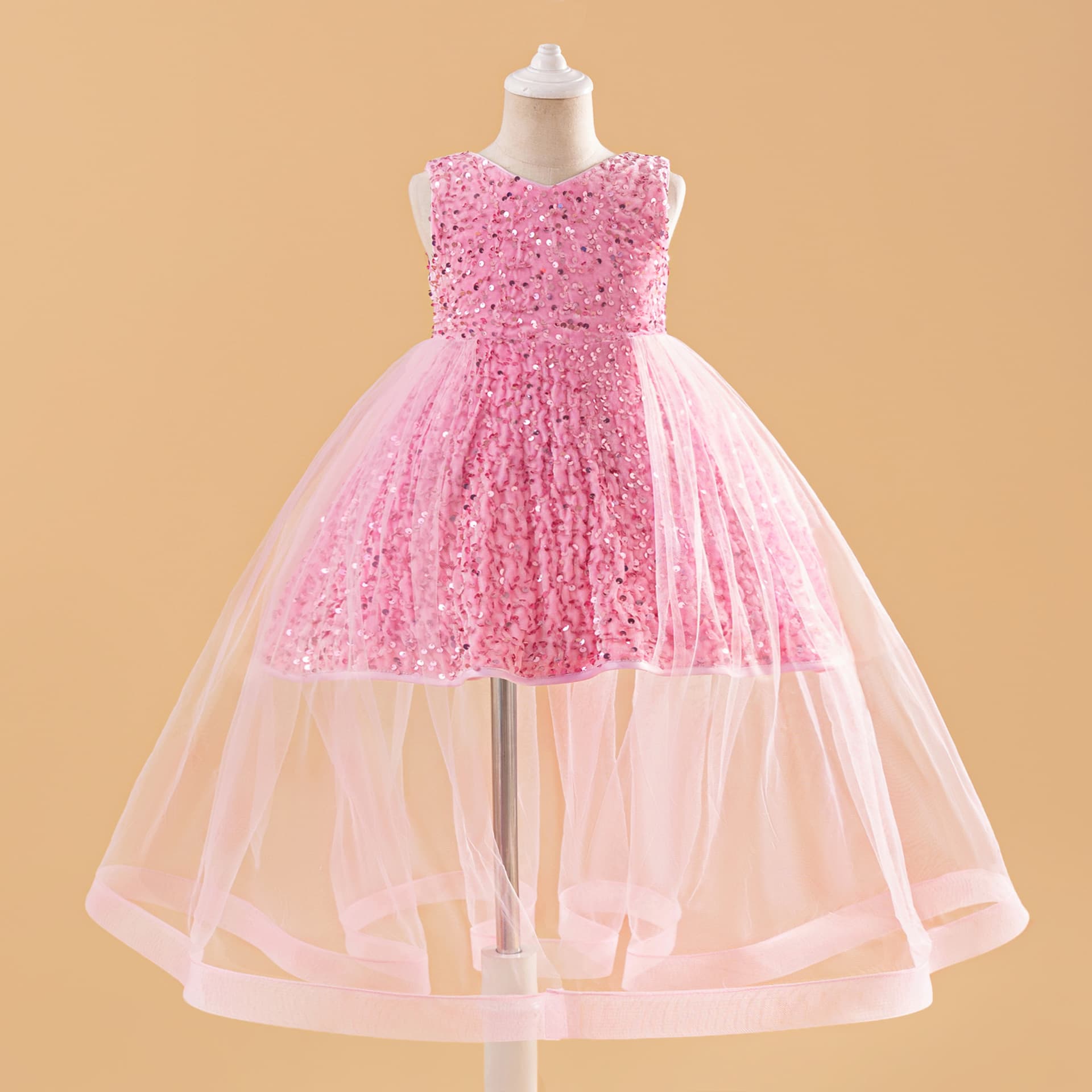 Children's Piano Performance Dress with Sequins, Trailing Tulle, Flower Girl Party Gown, Baby Birthday Princess Dress