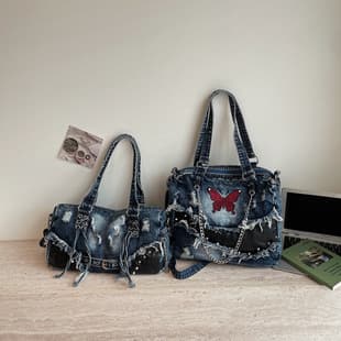 Edgy Style Women's Bag, New Vintage Heavy Craft Denim Shoulder Bag, Fashionable Chain Accessories Large Capacity Crossbody Bag