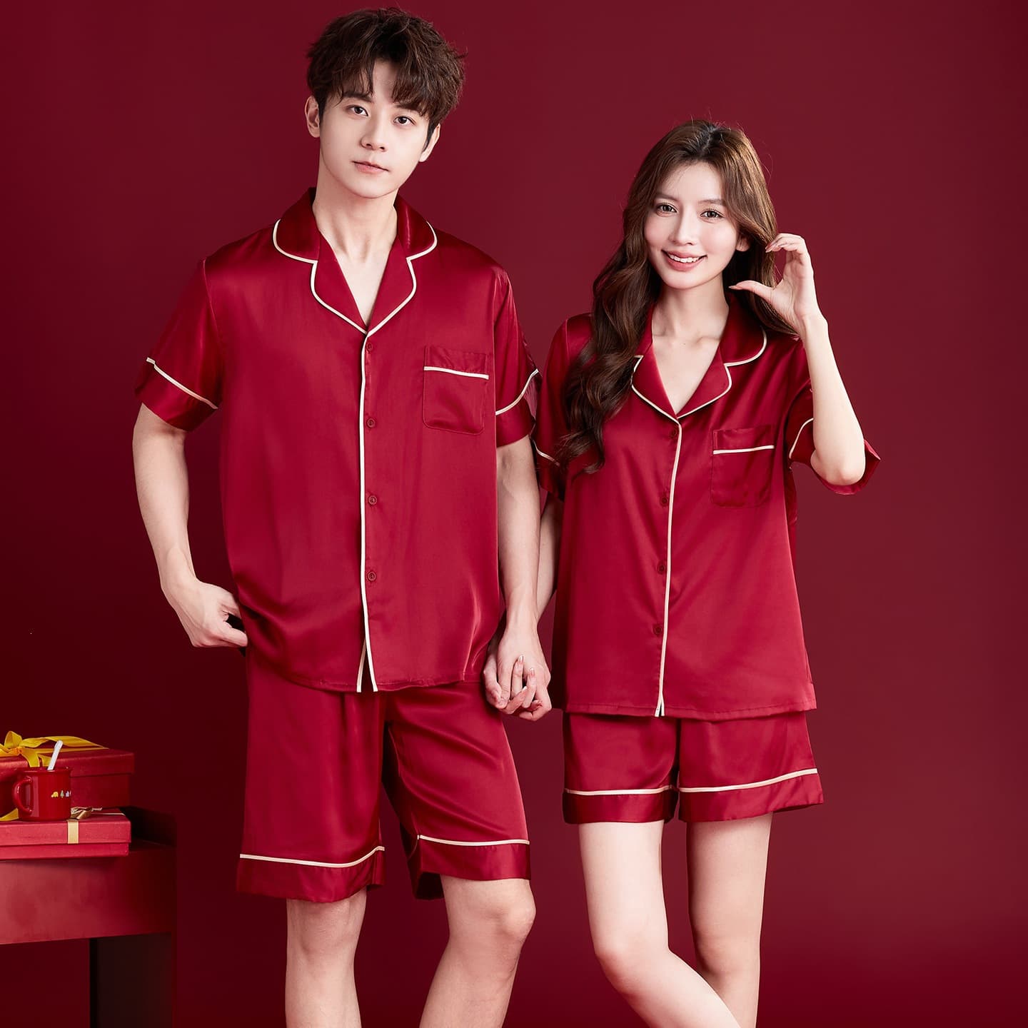 Red wedding pajamas for newlyweds and couples suit ice silk bride and groom wedding high-end 2026 new summer wedding