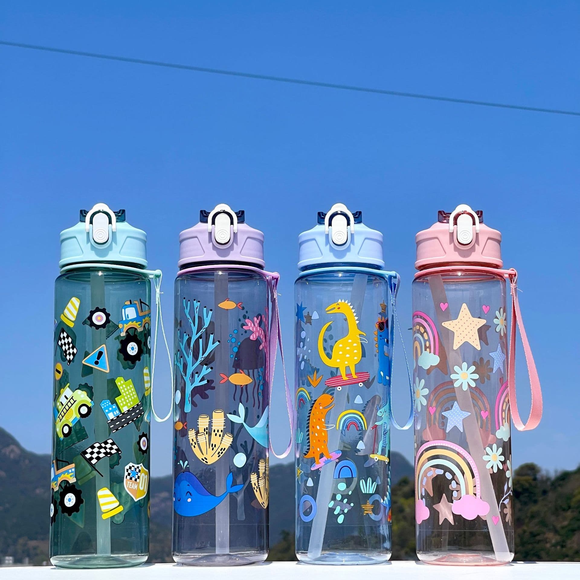 2025 New Cross-Border High-Aesthetic Plastic Cup with Straw, Cartoon Pattern, Portable Rope Handle Water Bottle