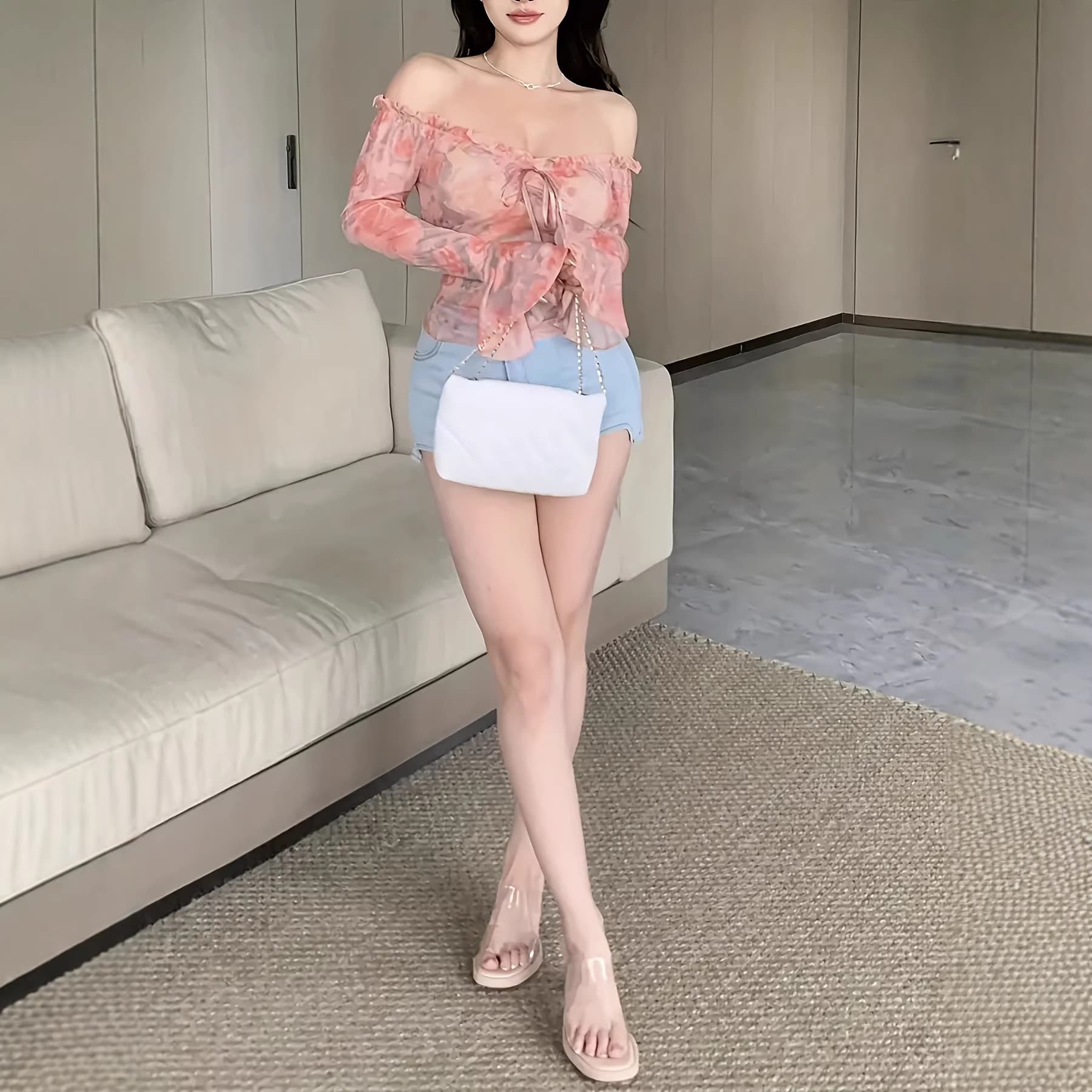 Sexy floral mesh one-shoulder top for women, shirred sweetheart neck, bell sleeves, hot girl long-sleeved T-shirt, short-sleeved