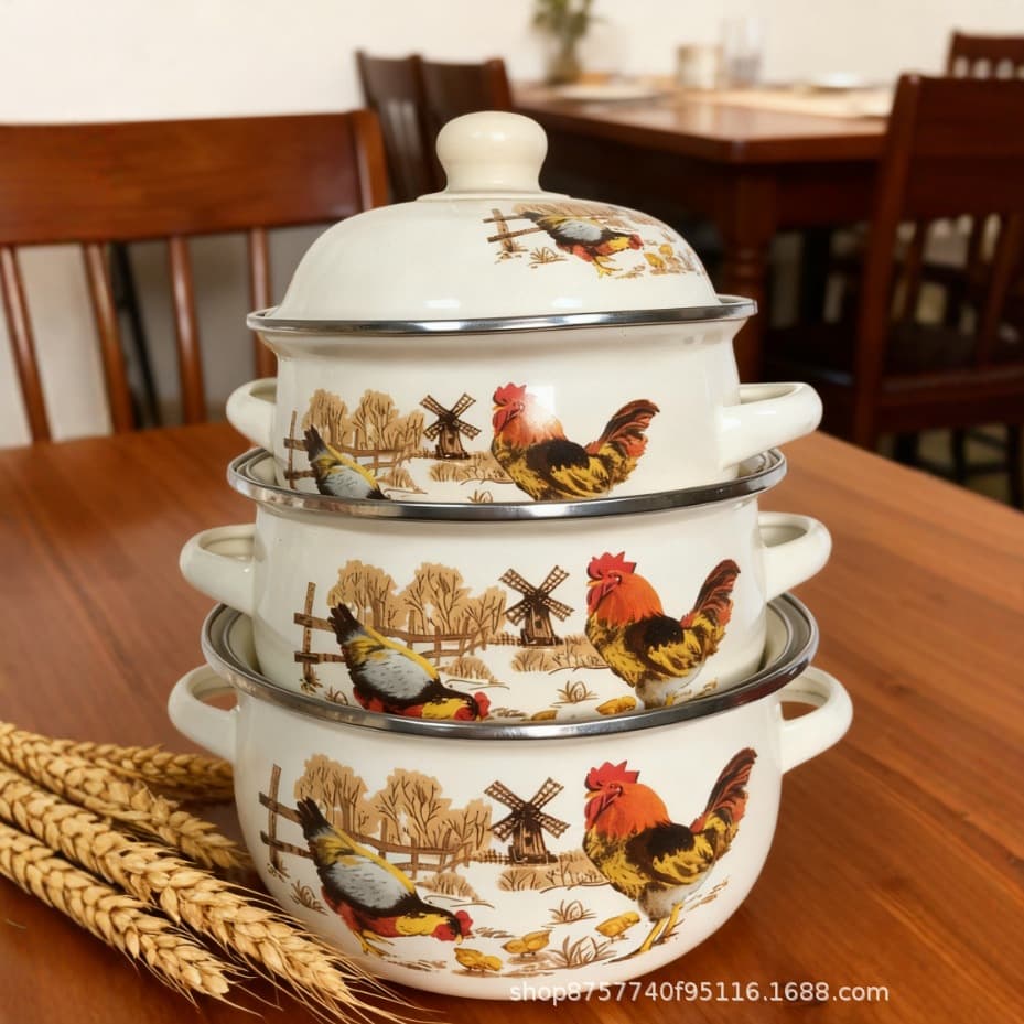 Vintage Enamel Soup Pot Double-Handle Three-Piece Set, Thickened Stew Pot, Flat-Bottom Pot, Noodle Pot, Compatible with Induction Cooker and Gas Stove
