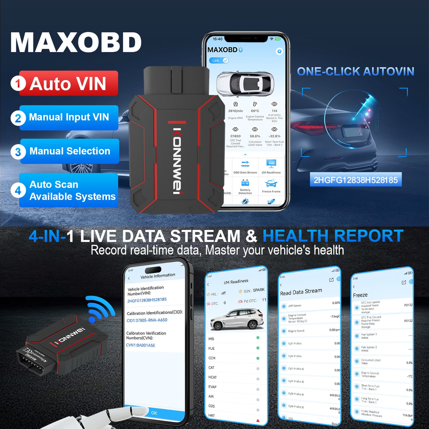 MAXOBD Free APP Bluetooth 5.2 Wireless OBD2 Scanner Multilingual Car Diagnostic Scanner