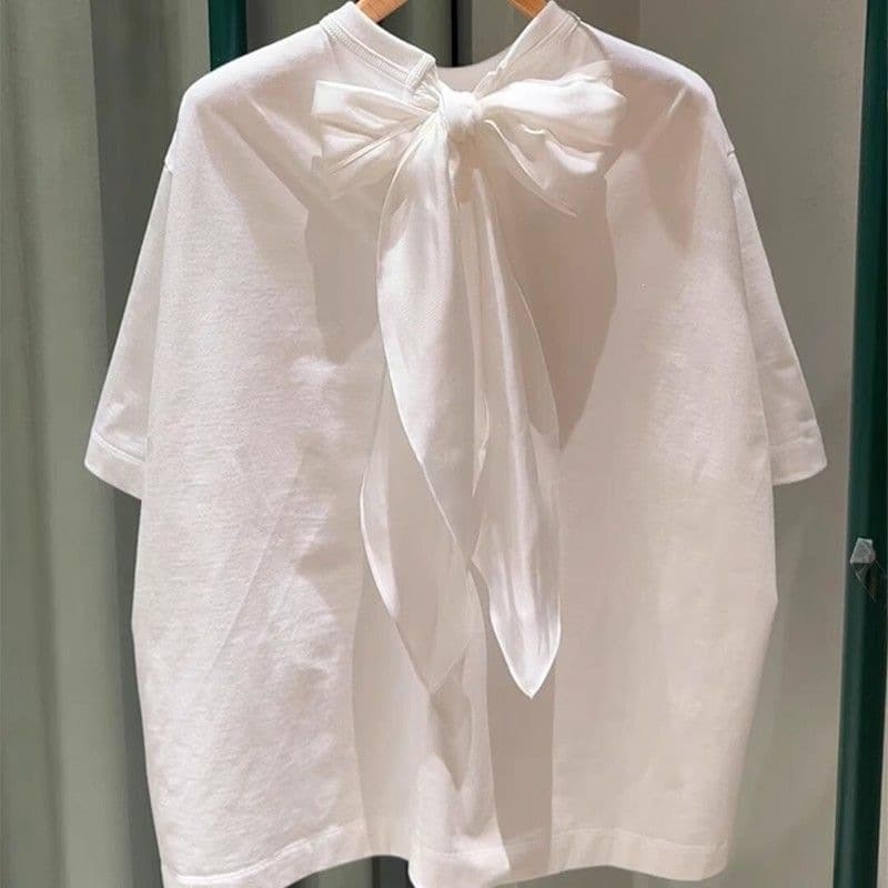 New Short Cotton White T-Shirt Simple Commute Korean Style White Bow Short Women's T-Shirt