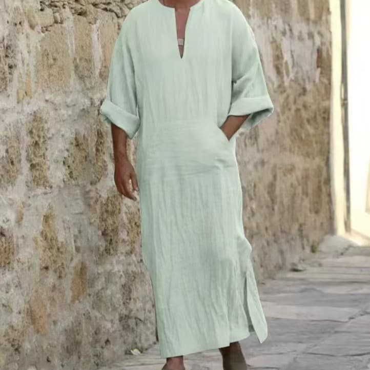 2025 New Cross-Border Amazon Men's Long Linen-Cotton T-Shirt, Long-Sleeve Casual