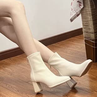 Korean Style College Ankle Boots, 2024 Autumn Winter New White Slim Boots, French Square Toe Chunky Heel Martin Boots