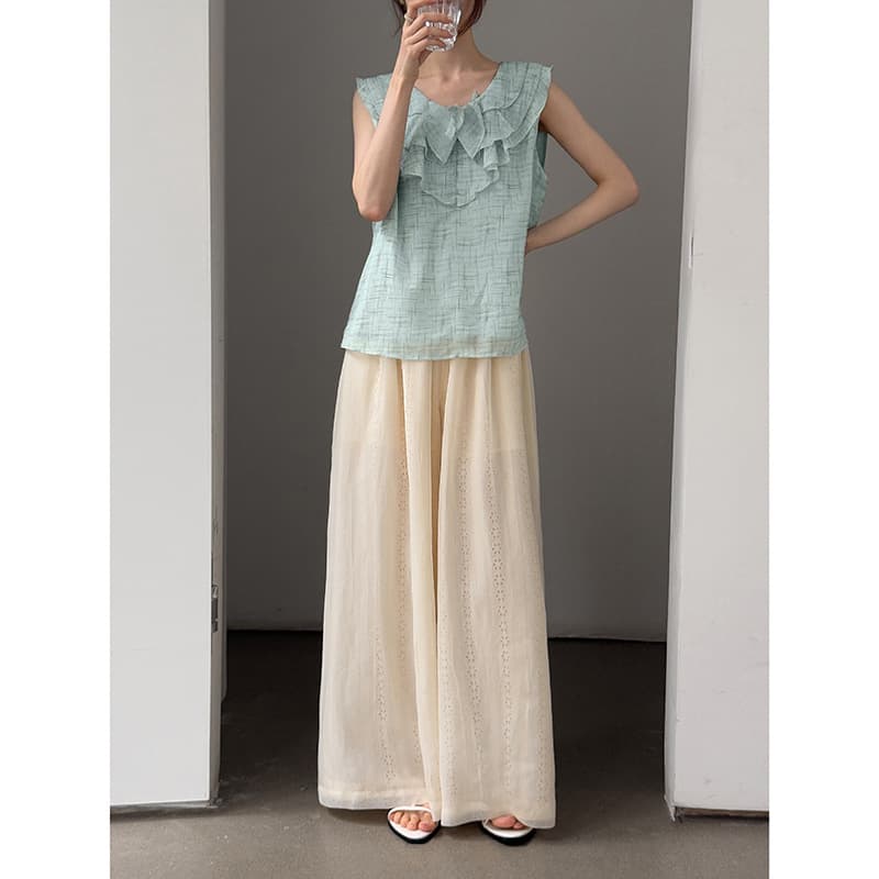 [Super Heavy Duty Double Layer] Geming Retro Hollow Embroidery Double Layer Casual Pants Women's Summer Loose Wide Leg Pants CN5154
