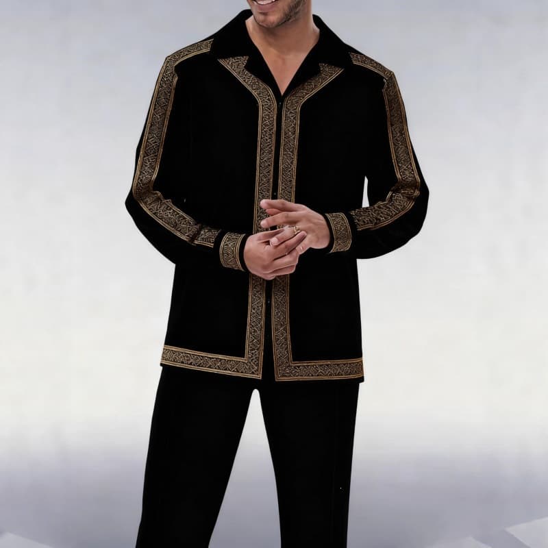 Cross-border Men's Black and Gold Cuban Collar Shirt Set, Stylish for Business Casual Occasions, Spring and Autumn