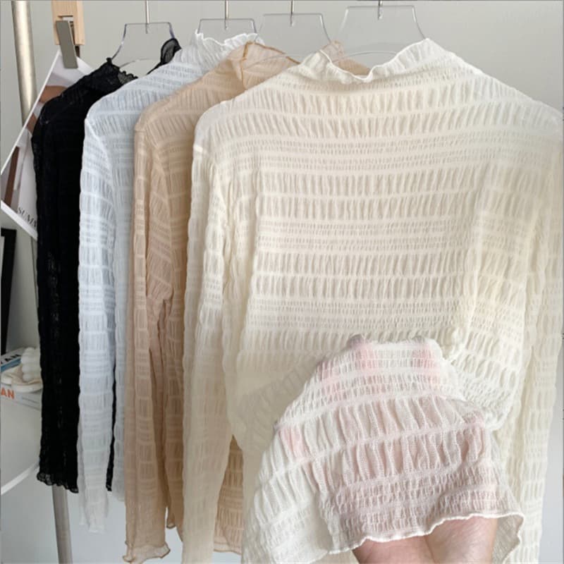Bubble lace bottoming shirt for women spring solid color inner long-sleeved top half turtleneck fairy mesh chiffon shirt wholesale