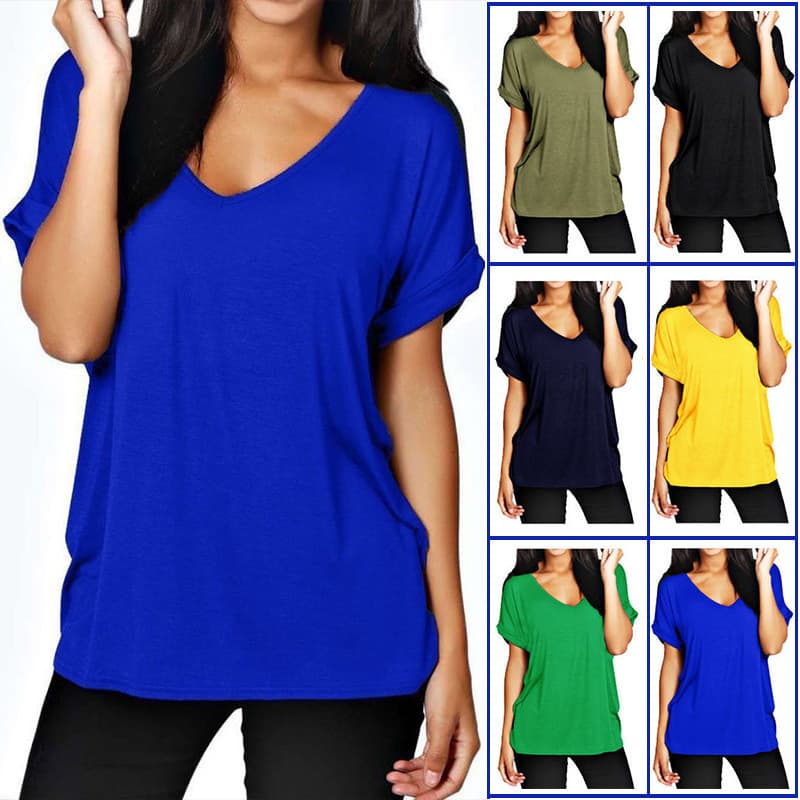 2020 Amazon Hot Spring Clothing European and American New Fashion Loose Large Size Women's V-neck Solid Color Short Sleeve Women's T
