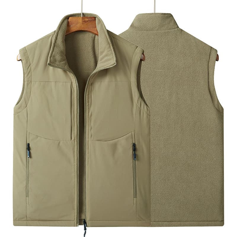 Autumn/Winter Reversible Vest for Men, Multi-pocket Stand-up Collar Loose Fleece Large Size Sleeveless Jacket, Outdoor Work Vest