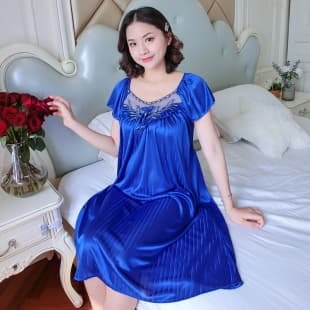 Cross-Border Sexy Women's Nightgown Ice Silk Lace Plus Size Solid Color Flower Pajamas Thin Short Sleeve Lace Trim Dress