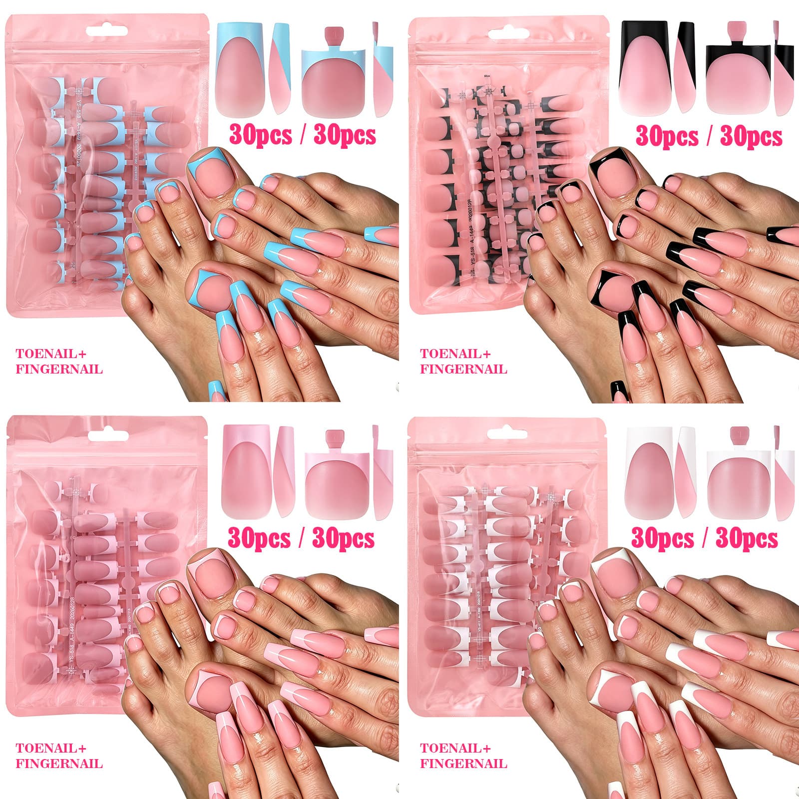 Cross-border French Wearable Nails, Matte Square Finished Nail Tips, Mixed Set for Hands and Feet, Wholesale