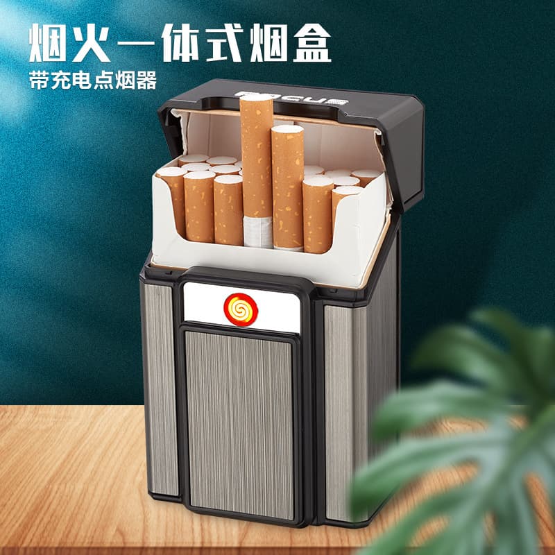 Focus Cigarette Case for Men, 20-Pack Coarse Whole Pack Tungsten Wire Sliding Charging Lighter Integrated Cigarette Case with Logo