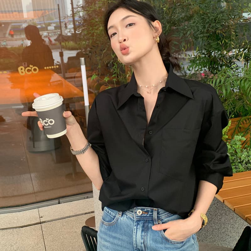 Black Early Spring Cotton Shirt Jacket for Women - New Long Sleeve Versatile Top, Office Wear Long Sleeve Shirt
