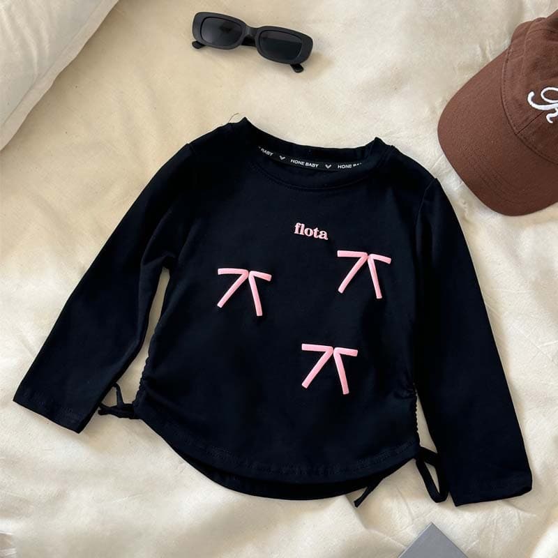 2025 Spring and Autumn New Girls Bottoming Shirt Side Drawstring Bow Long Sleeve T-shirt Baby Girl Korean Style Western Top