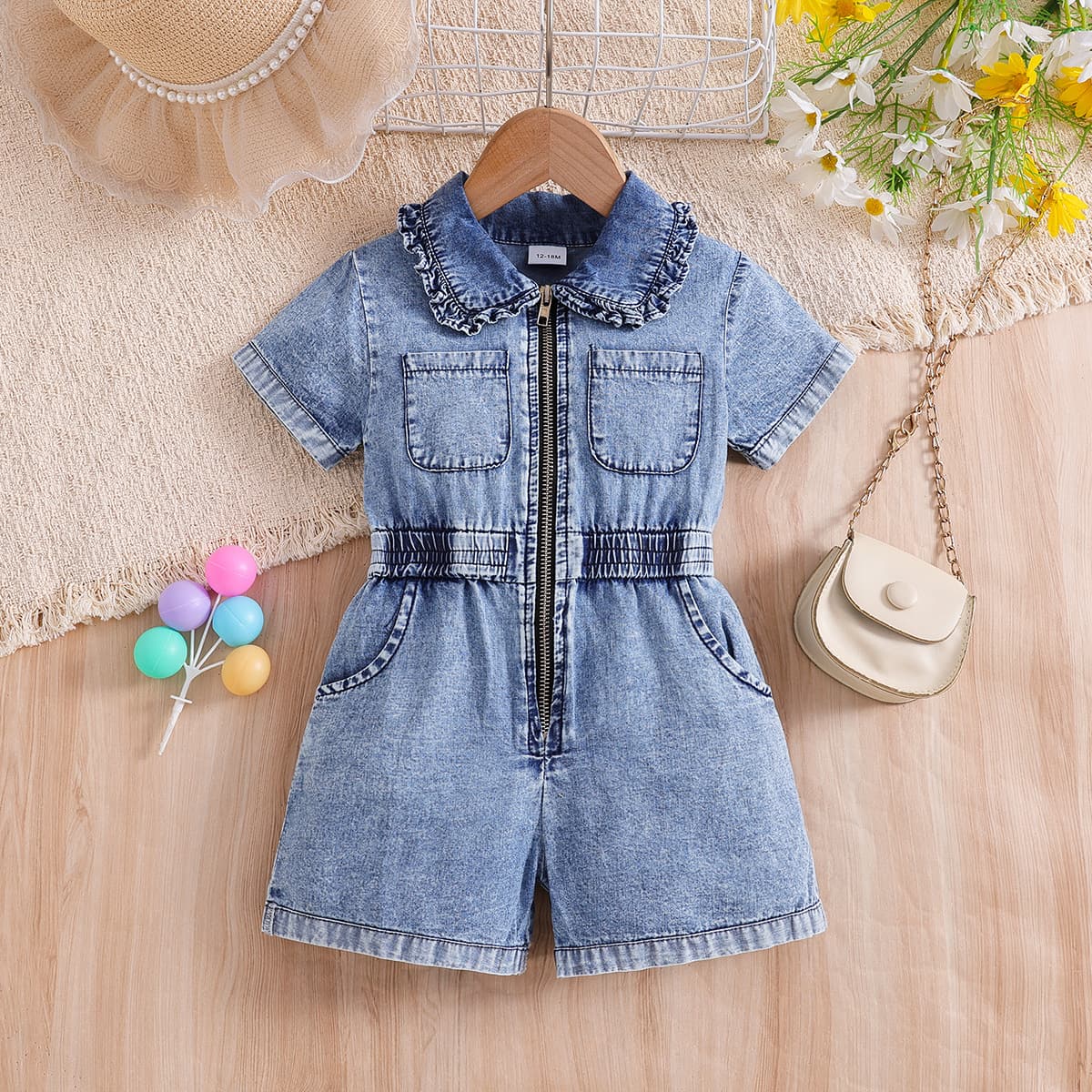 Girls' denim jumpsuit summer new style front zipper elastic waist washed thin denim summer jumpsuit