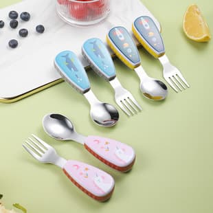 304 Stainless Steel Children's Cutlery Short Handle Spoon Fork Creative Cartoon Baby Training Tableware Complementary Food Portable Set