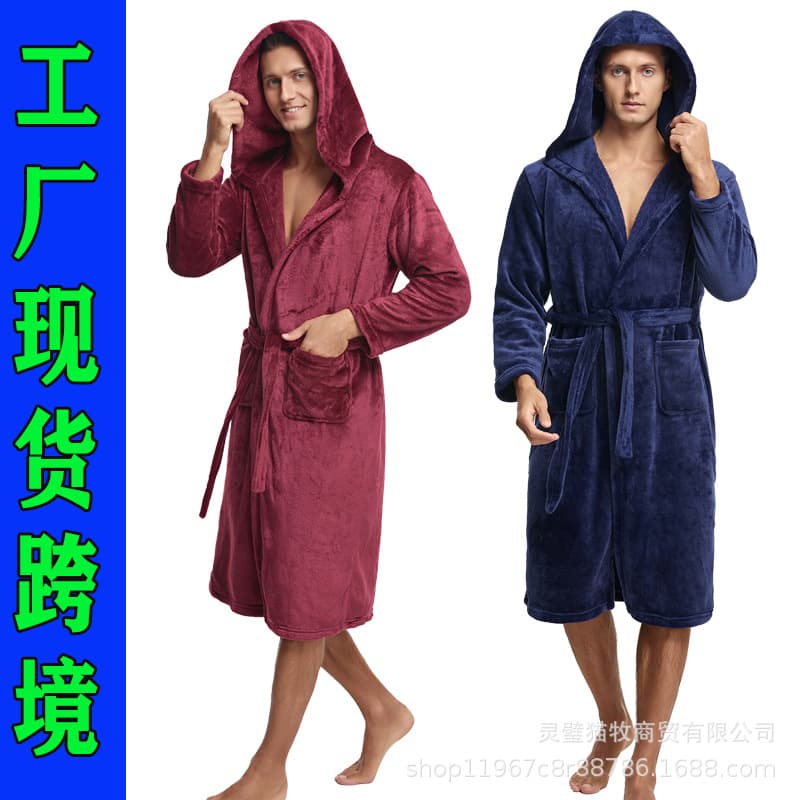 Thickened Extended Coral Fleece Robe with Hat for Men and Women Luxury Velvet Sleepwear Couple Matching Home Clothes