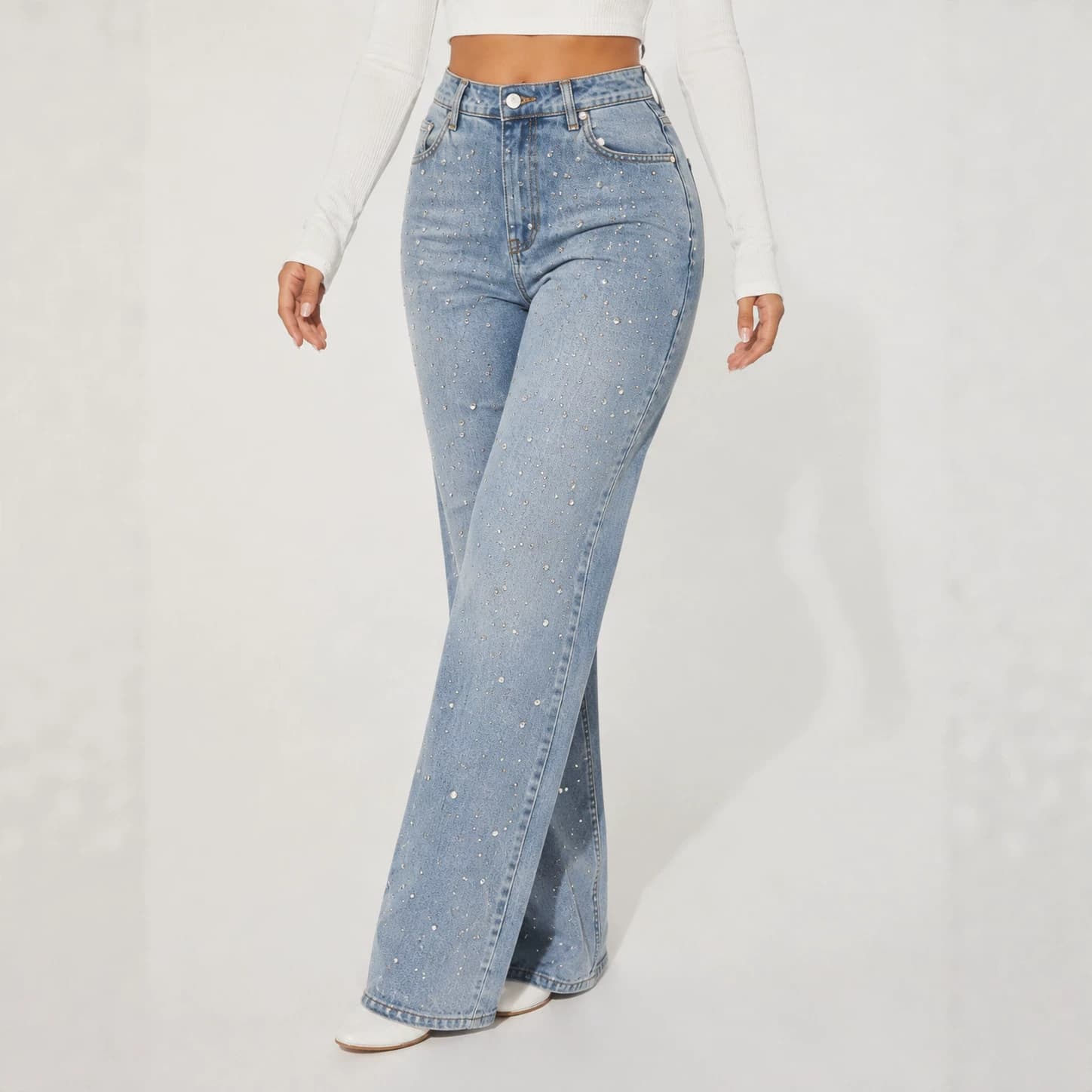 Cross-border European and American high-waisted diamond jeans for women, American retro washed jacquard loose slimming wide-leg trousers in stock