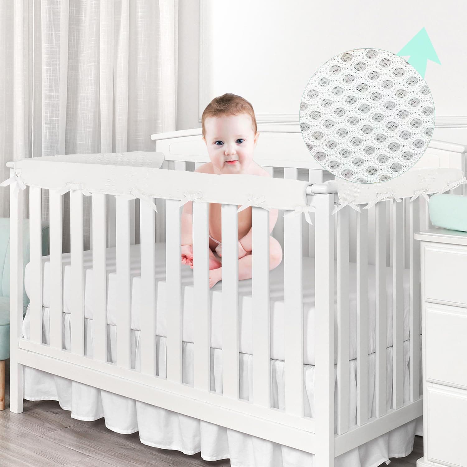 Amazon breathable mesh crib guardrail set, soft-padded child anti-collision strips, corner protectors, export version, four pieces.