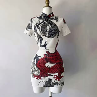 2026 Red Black Dragon Pattern Cheongsam Dress, Short Sleeve Slim Fit, Stand Collar Frog Button, Chinese Retro Style