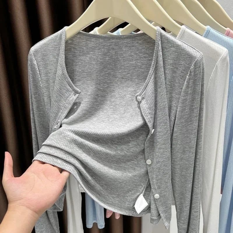 Grey ribbed cardigan, thin shawl, women's outerwear, sun protection cover-up, 2025 new style office air-conditioned cardigan summer.