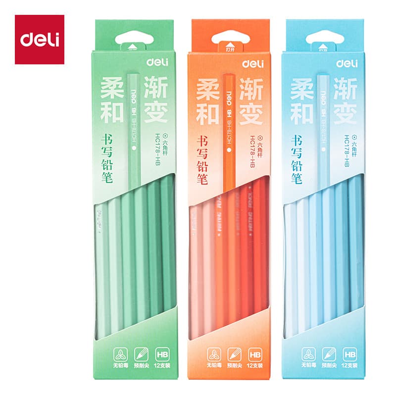 Deli HC178 Hexagonal Gradient Color Stick Writing Pencil HB/2B for Primary School Students, Exam Cards, and Sketching