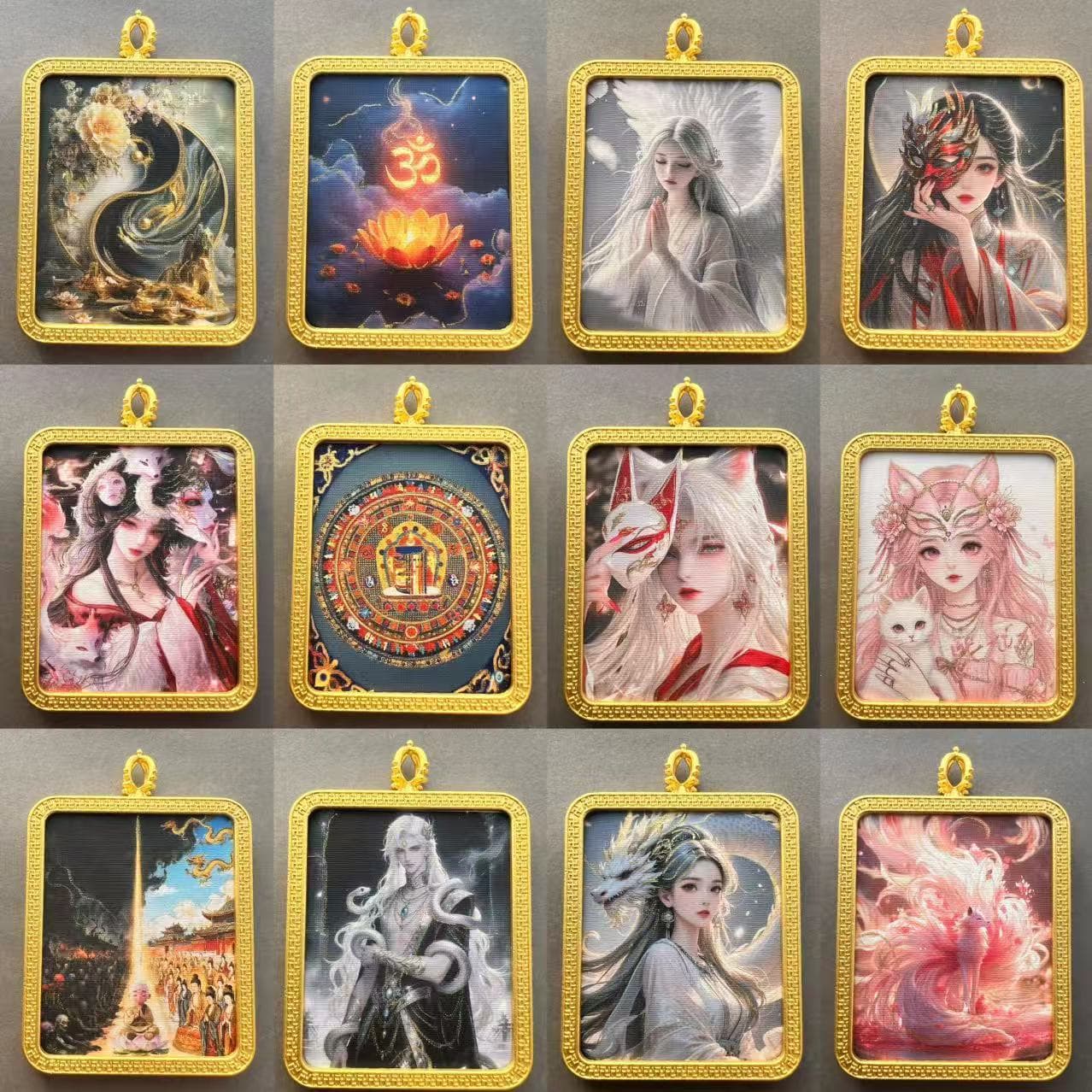 Gilded Thangka Semi-hand-painted Wealth God, Crane Boy, Nine-Tailed Vajrabhairava, Manjushri Bodhisattva Painted Thangka Pendant Necklace