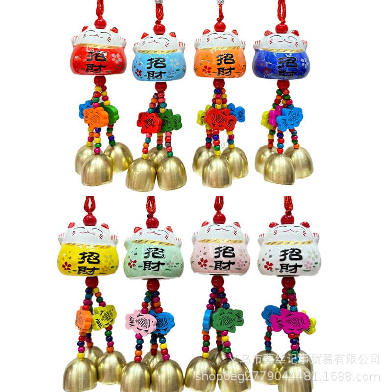 Cute ceramic lucky cat pendant wind chime shop door ornament entrance reminder bell for shops