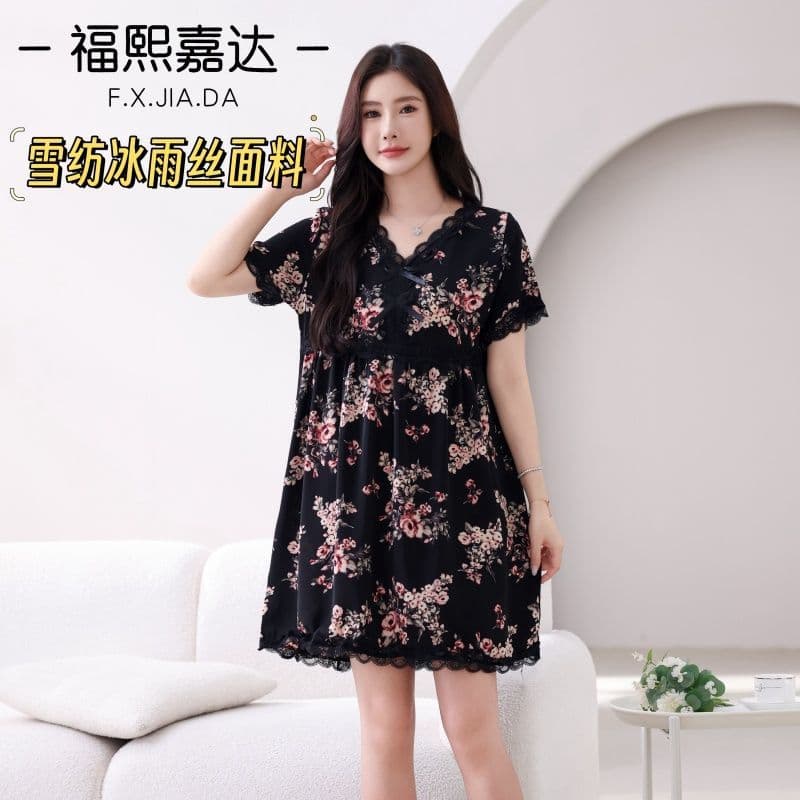 Fuxi Jiada Summer V-Neck Printed Thin Pajamas for Women, Loose and Sweet, Suitable for Outdoor Wear