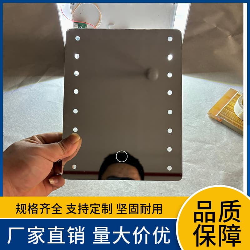 LED glass lens cosmetic mirror, square edge beveled, touch buttons, silkscreen printing.